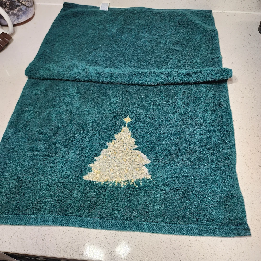 Vintage Green Christmas Tree Towel. Embroidered With Gold Thread